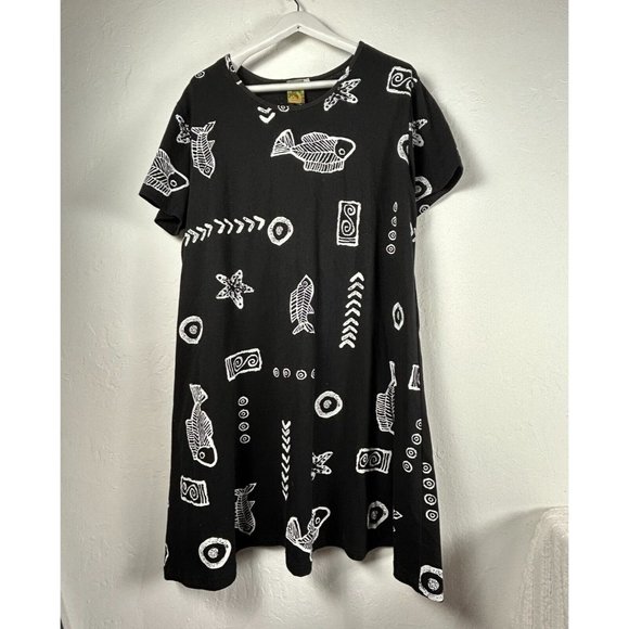 Vintage Maui Cotton Pullover Short Sleeve Dress 2X Black White All Over Print - Picture 1 of 8